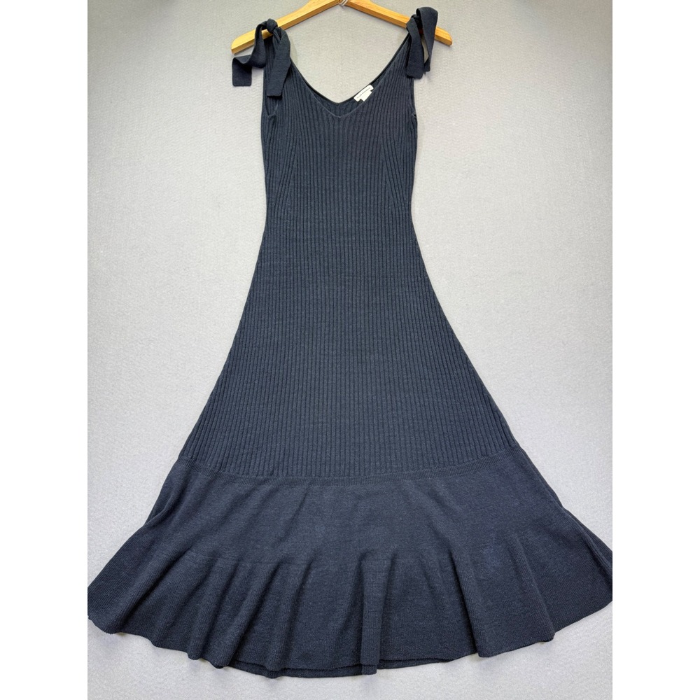 Club Monaco Womens Navy Blue Ribbed Linen Blend Tie Shoulder‎ Midi Dress Size M